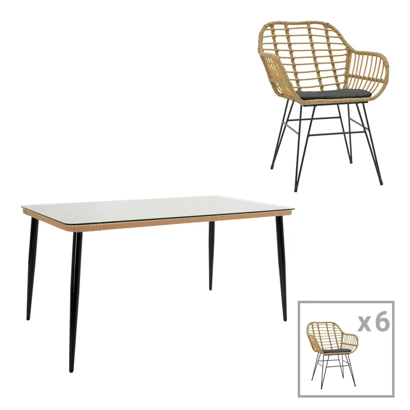 Set de 7 buc masa si scaune de gradina Naoki X ratan Natural si metal negru 160x90x78 cm