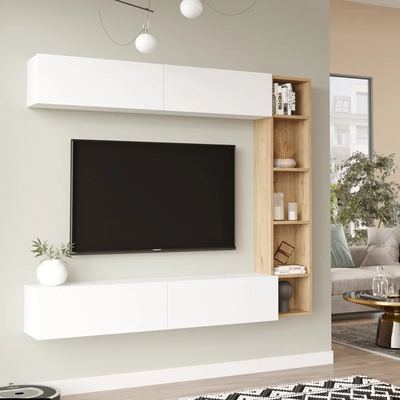 Set de living Compo montat pe perete, alb-Natural 169x26x144cm