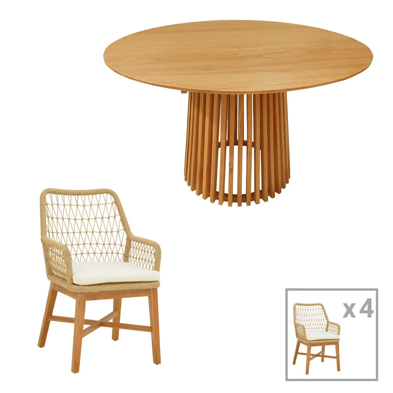 Set de masa pentru dining Elaiza-Kenda  5 piese din lemn de teak Natural D120x75cm