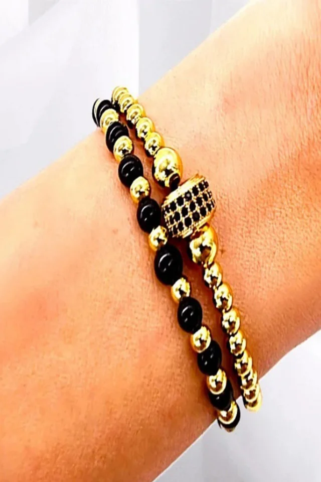 Set Diamond, doua bratari unisex, cu bile din inox si cristale de zirconiu