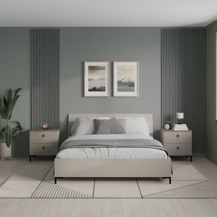 Set dormitor DOMINICA, 3 piese, pat cu somiera rabatabila 160x200 cm, 2 noptiere,  taupe + stejar silverjack