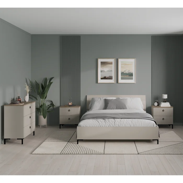 Set dormitor DOMINICA, 4 piese, pat cu somiera rabatabila 160x200 cm, comoda, 2 noptiere, taupe + stejar silverjack