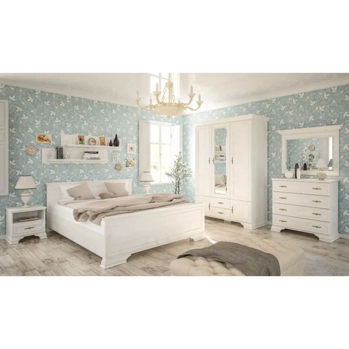 Set dormitor IRYS, 8 piese, pat 160x200 cm, dulap 5 usi, comoda, 2 noptiere, oglinda, 2 rafturi suspendate, pin anderson