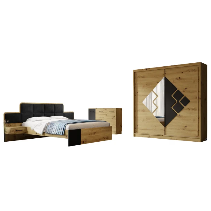 Set dormitor SNAKE, 3 piese, pat 160x200 cm cu noptiere, dulap usi glisante, comoda, artisan + negru