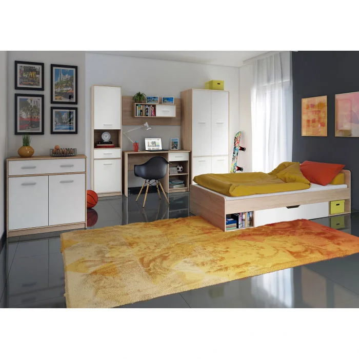 Set dormitor TIPS, 6 piese, pat 90x200 cm, dulap 4 usi, biblioteca, birou, comoda, raft, stejar sonoma + alb