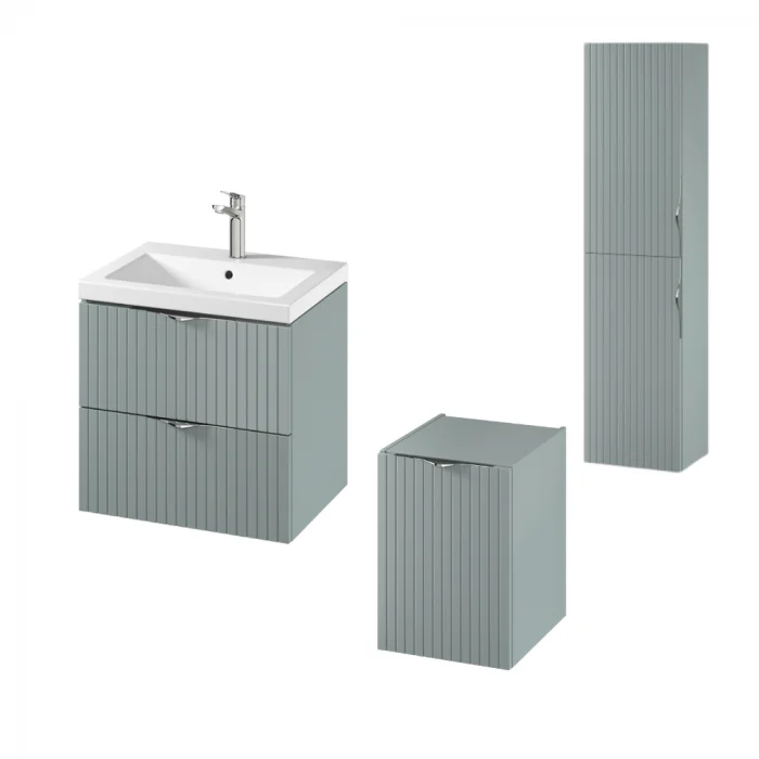 Set dulap baie suspendat 2 sertare si lavoar inclus 60 cm, dulap baie suspendat si dulap baie tip coloana, culoare fiord mat, MDF, Cersanit Tirso