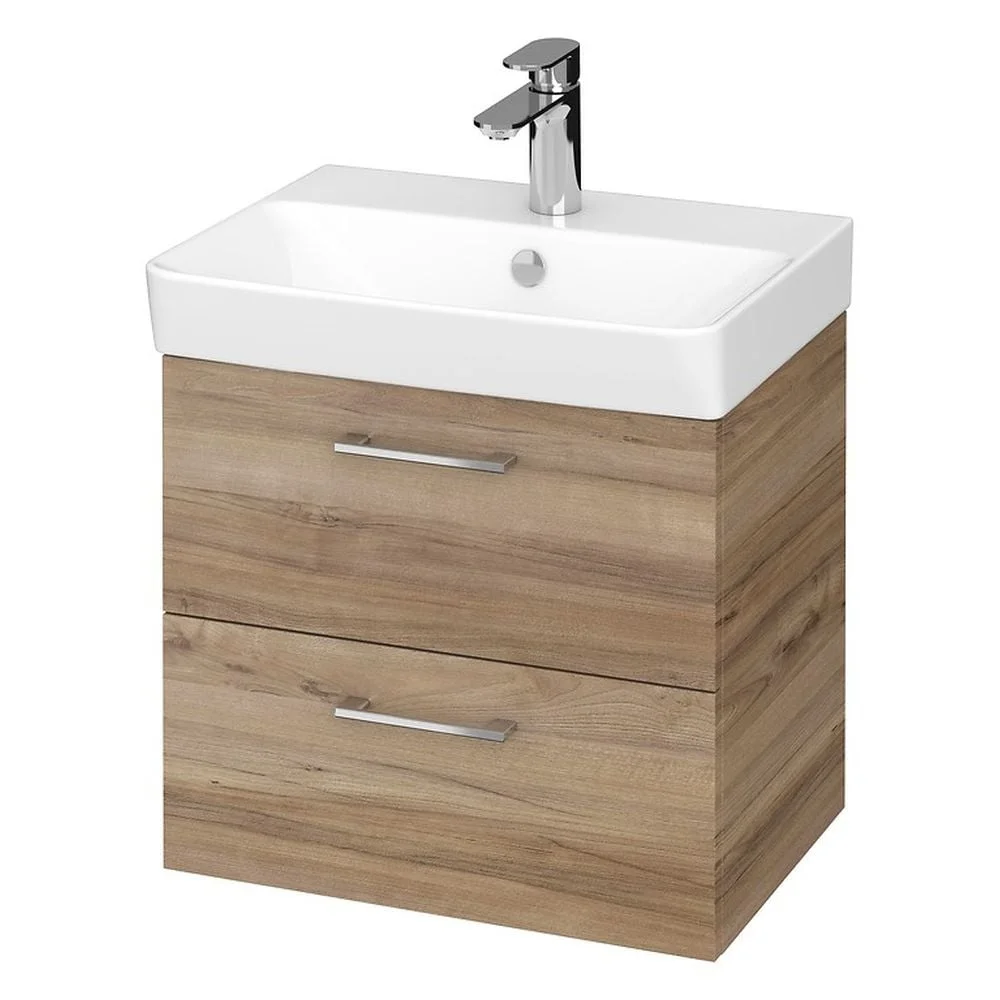 Set dulap baie suspendat Lara 2 sertare cu lavoar Cersanit Mille Slim, 50 cm, Nuc