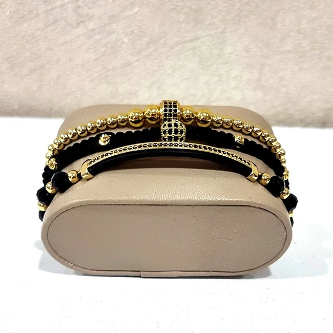 Set Forever Love, trei bratari pe snur cu prindere reglabila, bile din inox si cristale artizanale, Negru/Auriu