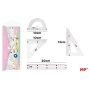Set geometrie Main Paper, 4 piese, transparent, raportor, 2 echere, rigla 20 cm, blister roz