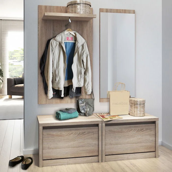Set hol NORTON, 4 piese, 2 pantofare, cuier, oglinda,  stejar sonoma, 132x36x160 cm