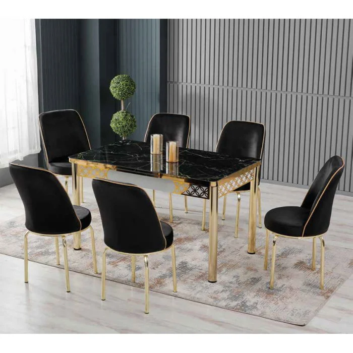 Set LION GOLD, masa extensibila cu 6 scaune, dreptunghiulara, marmura negru + auriu + negru, 130 170x80x75 cm