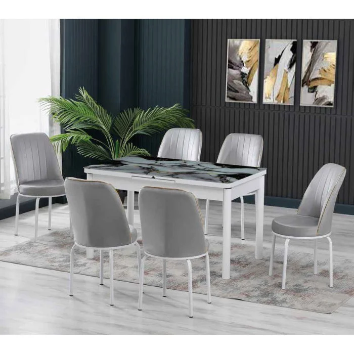 Set LION SILVER, masa extensibila cu 6 scaune, dreptunghiulara, marmura + alb + gri, 130 170x80x75 cm