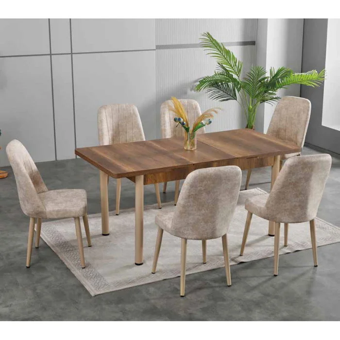 Set LION WOOD, masa extensibila cu 6 scaune, dreptunghiulara, maro + bej, 130 170x80x75 cm