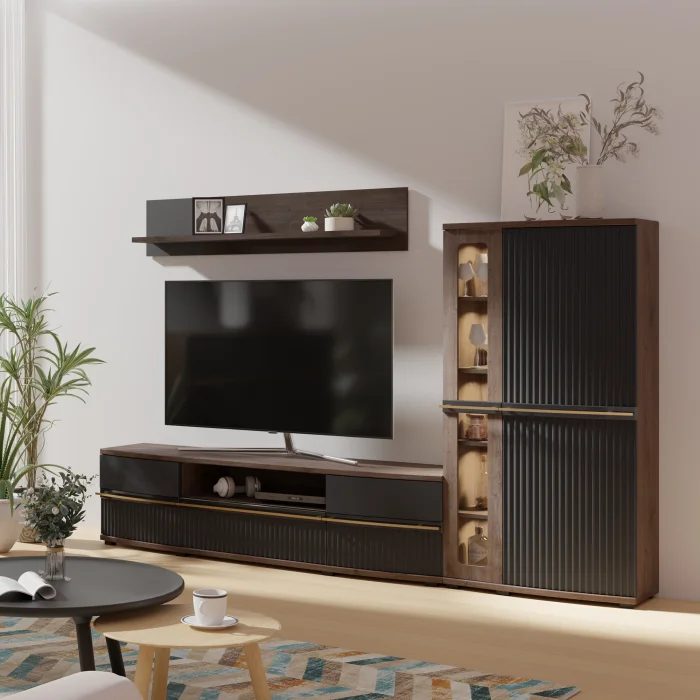 Set Living CANDY, 3 corpuri, cu lumini LED, vitrina C2a, comoda C4, etajera C6, grafit