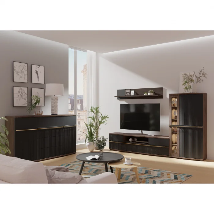 Set Living CANDY, 4 corpuri, cu lumini LED, vitrina C2a, comoda C4, etajera C6, comoda C12, grafit