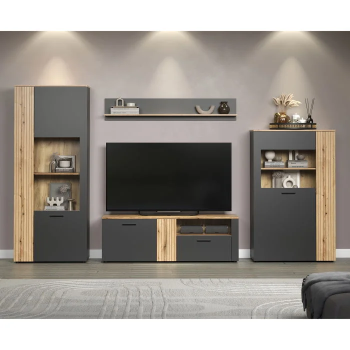 Set Living ESTEBAN, 4 piese, 2 vitrine, comoda TV, raft suspendat, grafit + stejar evok, 320x42x195 cm