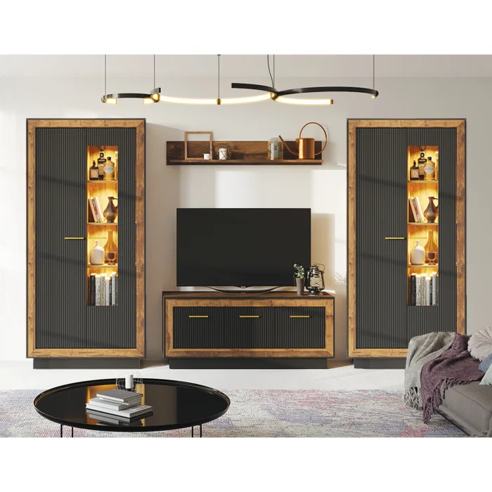 Set Living FOX, 4 corpuri, cu lumini LED, 2 x vitrina FOX2, comoda FOX4, etajera FOX6, corp eger, fronturi MDF eger + negru