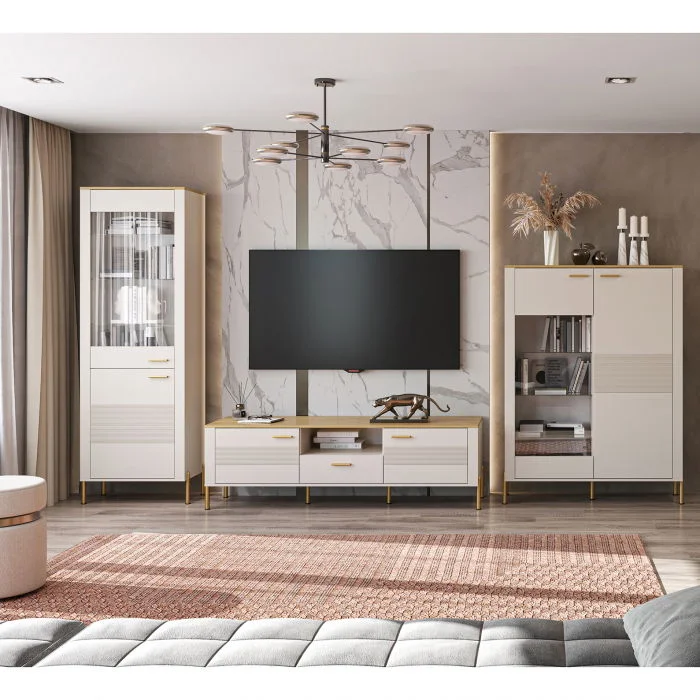 Set Living RUBEN, 3 piese, comoda TV, 2 vitrine, casmir + stejar piatra, 360x50x153 cm