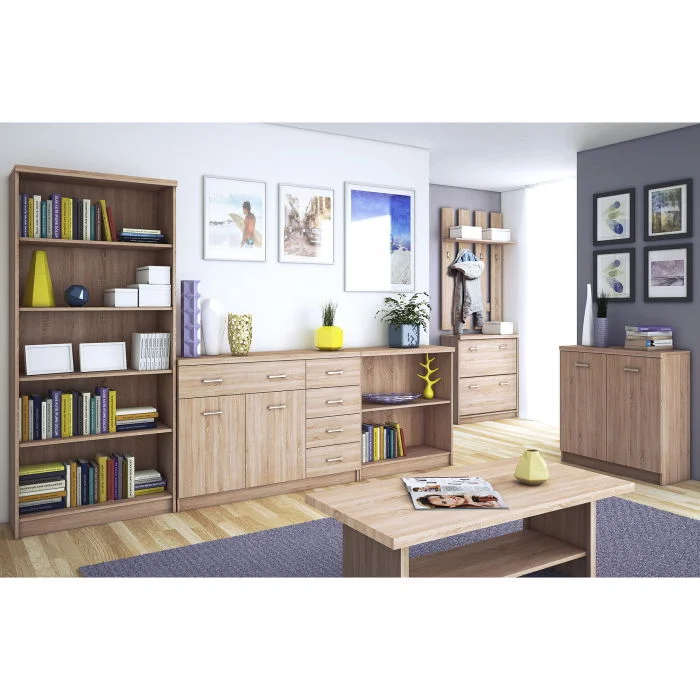 Set Living si hol TOP MIX, 7 piese, 2 biblioteci, 2 comode, masuta de cafea, pantofar, cuier, stejar sonoma