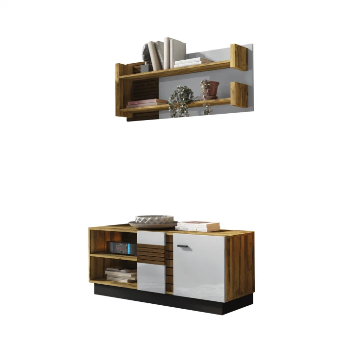 Set Living VAL GARDENA, 2 corpuri, comoda VG4, etajera, VG9, corp PAL nuc, fronturi MDF late lucios