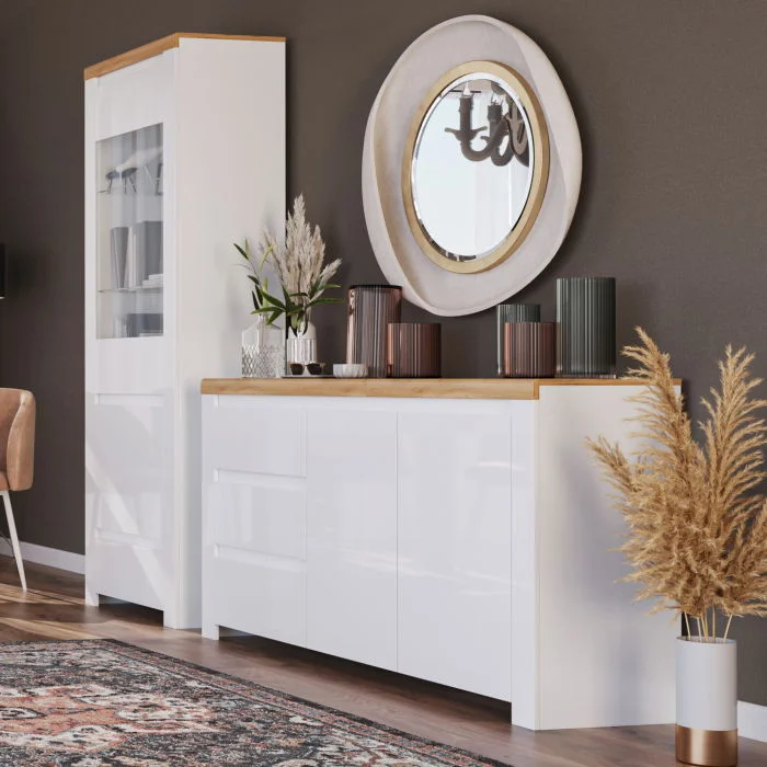 Set Living VIGO, 2 piese, comoda si vitrina, alb  + stejar wotan