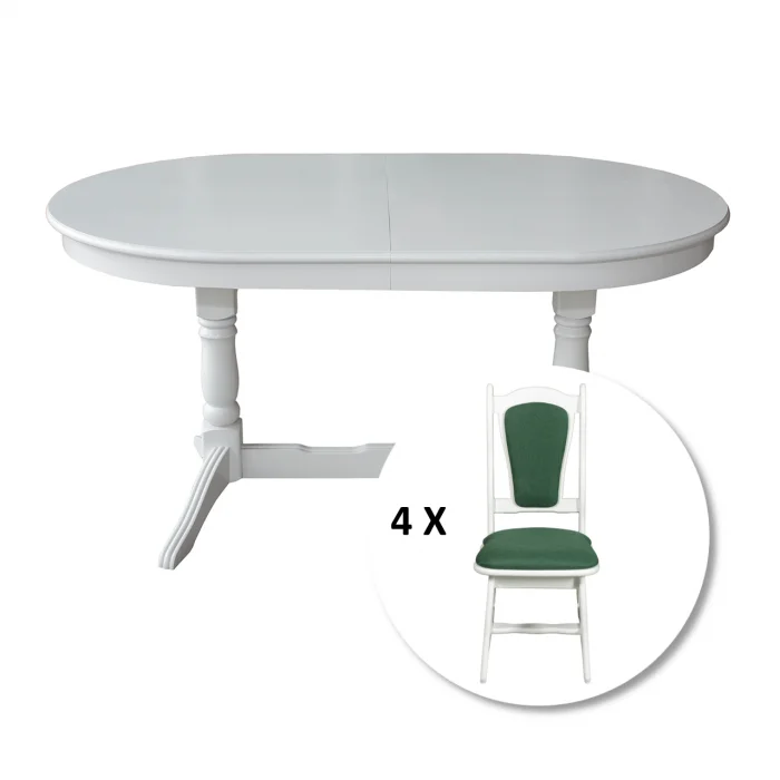Set masa extensibila EUROPA ovala cu 4 scaune IZA stofa verde, lemn masiv, alb, 160 240x90x70 cm