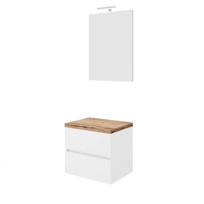 Set mobilier baie cu blat 60 cm imitatie lemn si oglinda cu LED si lampa, SaviniDue
