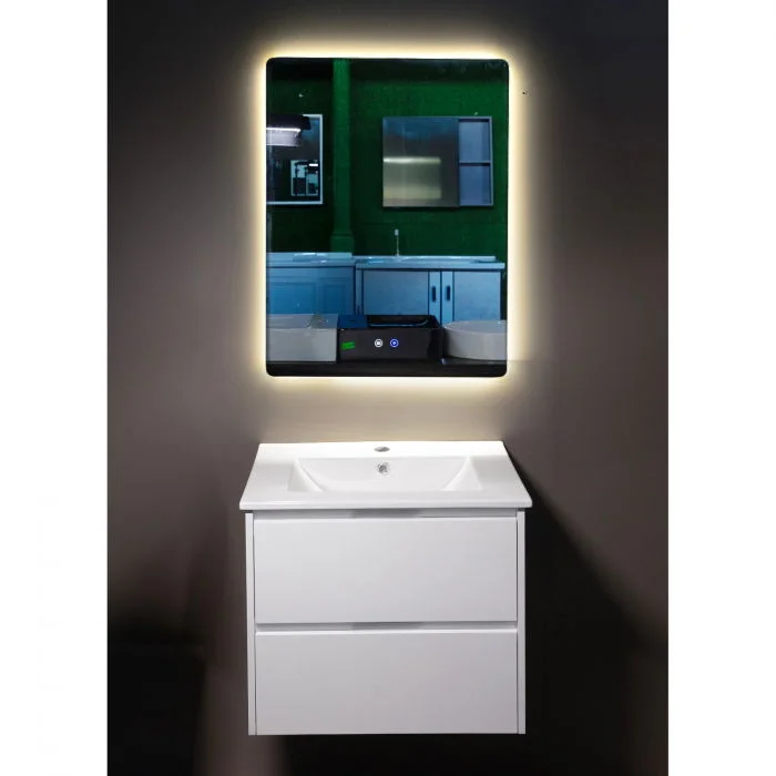 Set mobilier baie PVC alb Andra YJ-60-600 cu lavoar ceramic si oglinda cu LED antiaburire 60 cm