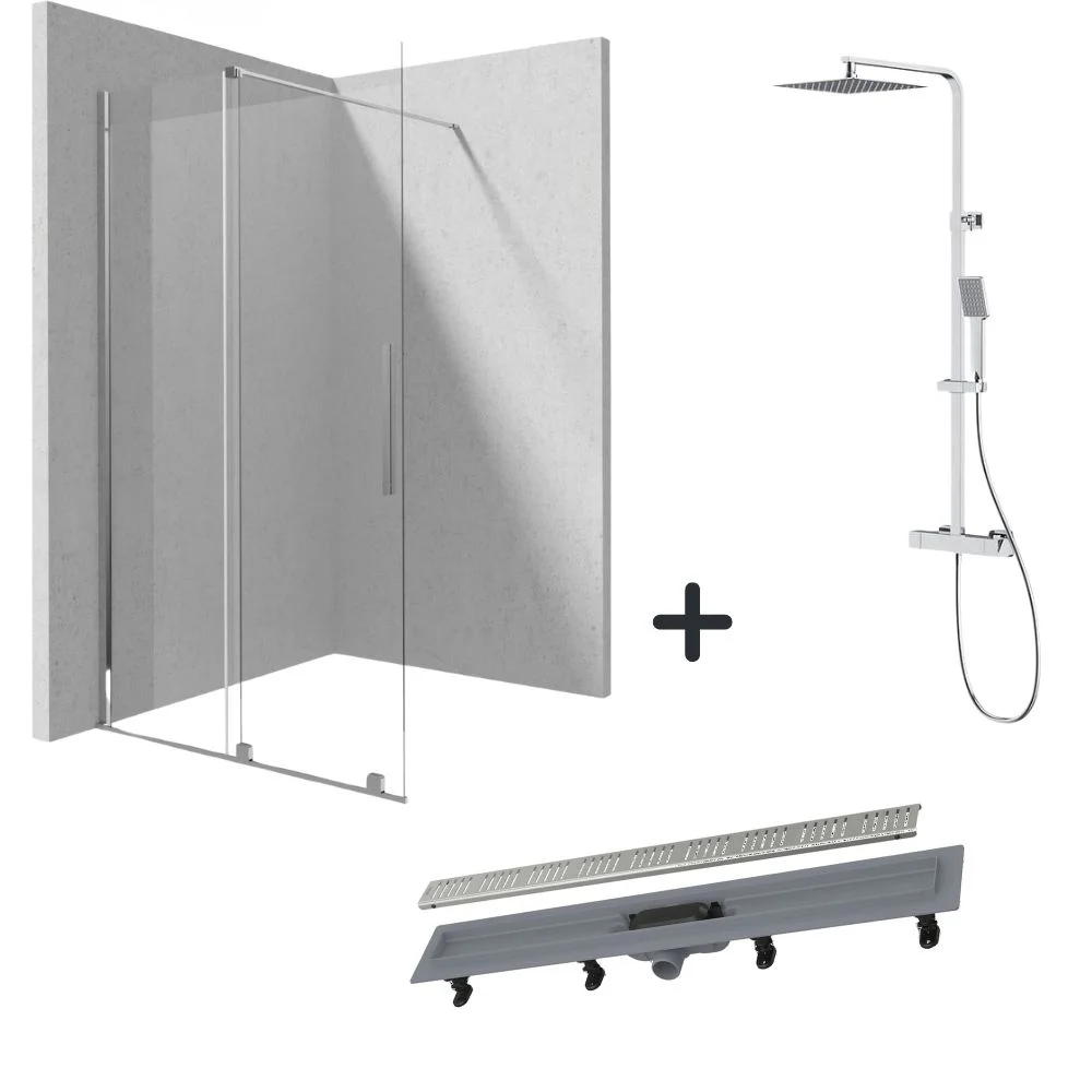 Set paravan dus walk-in 100x195 cm, rigola si coloana de dus cu baterie termostatata crom City