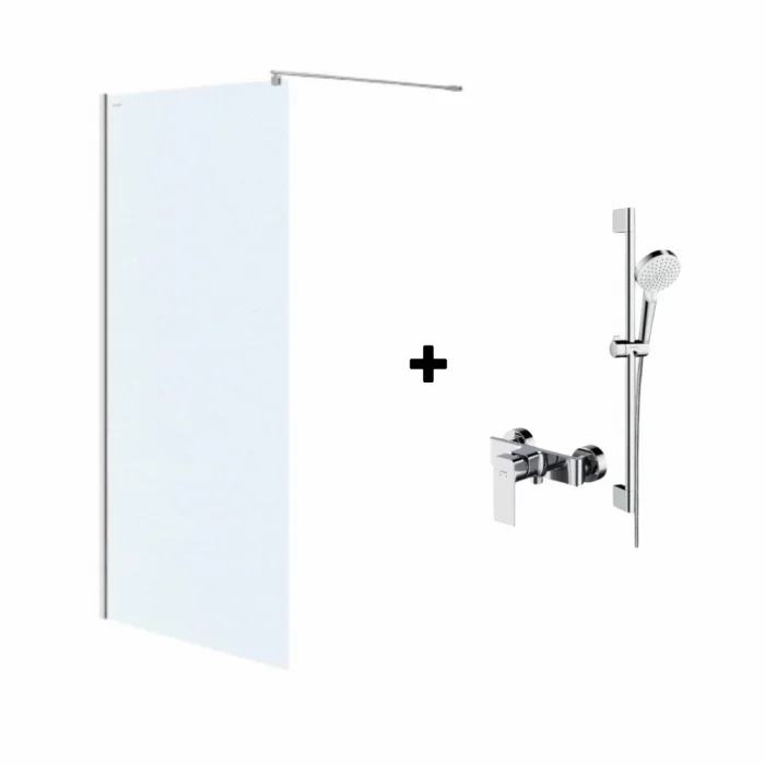Set paravan dus walk-in 100x200 cm Cersanit Mille, profil crom, cu  bara, para dus si furtun, Hansgrohe si baterie dus, culoare crom, Cersanit Suaro