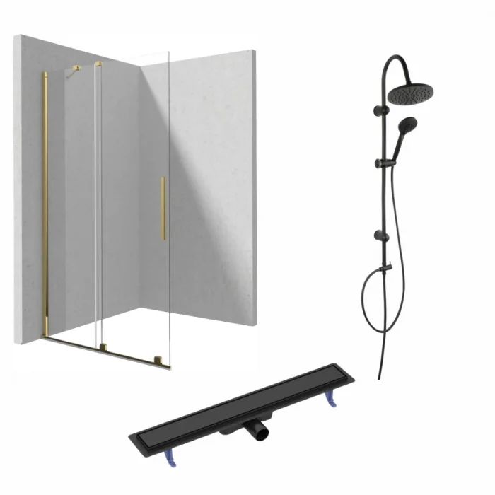Set paravan dus walk-in cu usa glisanta, 100x195 cm, auriu lucios, Deante Prizma, rigola cu capac faiantabil reversibil plus coloana de dus neagra