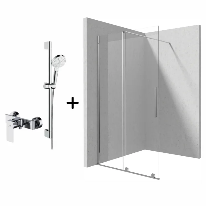 Set paravan dus walk-in cu usa glisanta, 100x195 cm, crom lucios, Deante Prizma, cu para dus, bara, furtun si baterie crom