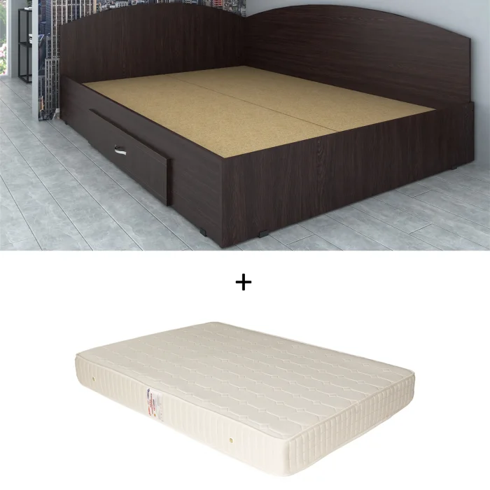 Set Pat de colt, cu sertar lateral pe role, wenge + Saltea superortopedica, 140x200 cm