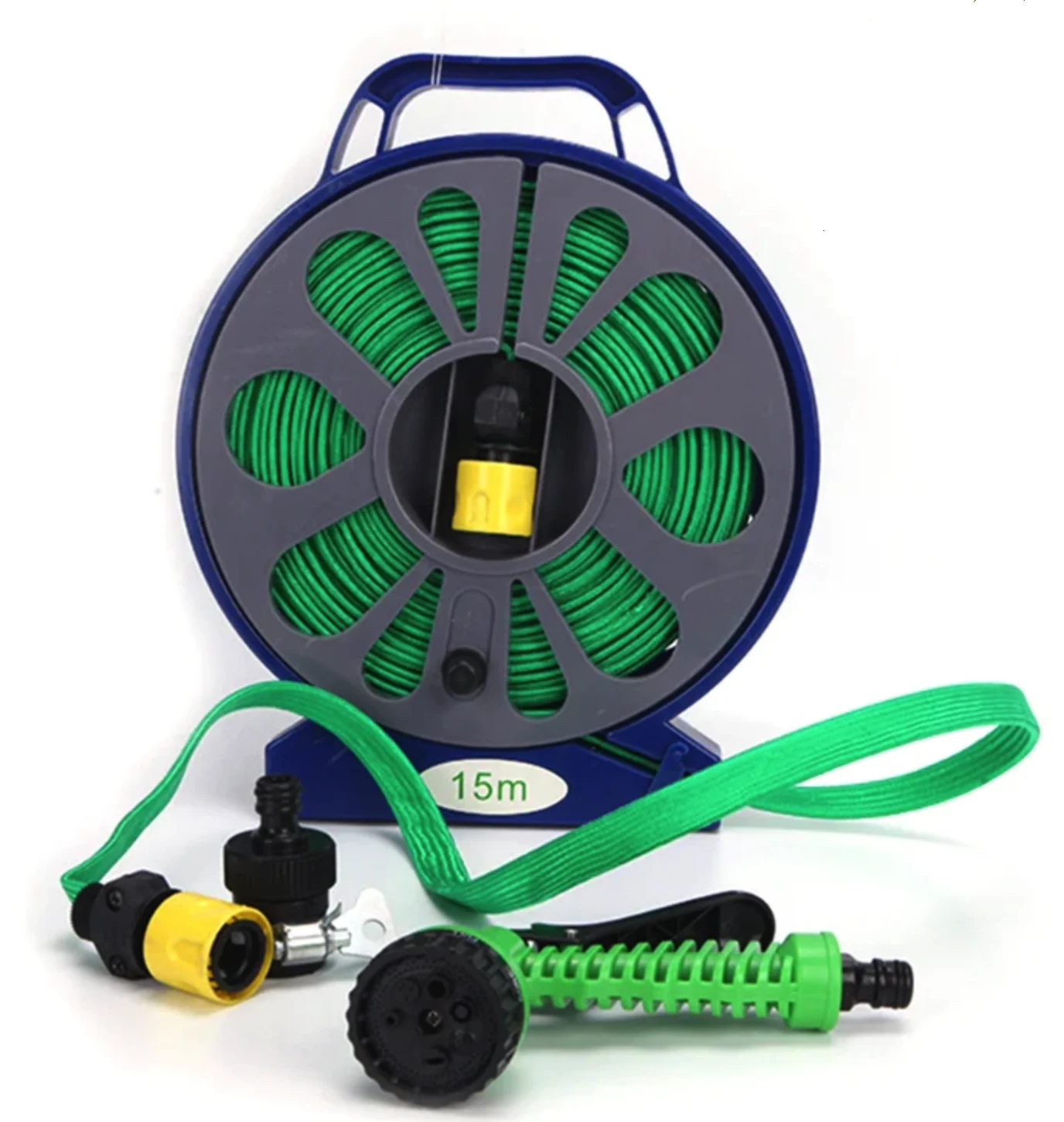 Set pentru stropit furtun textil flexibil 15m cu tambur pistol de pulverizat 7 in 1