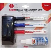 Set pentru tabla Noki 1664SET, varf rotund, 3 culori (negru, albastru, rosu) + burete tabla + solutie curatare tabla