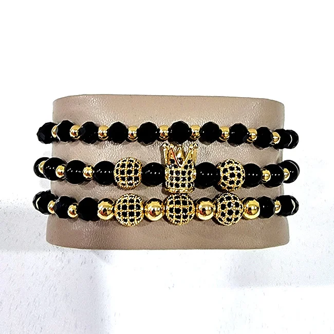 Set Prince, trei bratari unisex, cu bile din inox, cristale zirconiu si pietre artizanale, Negru/Auriu