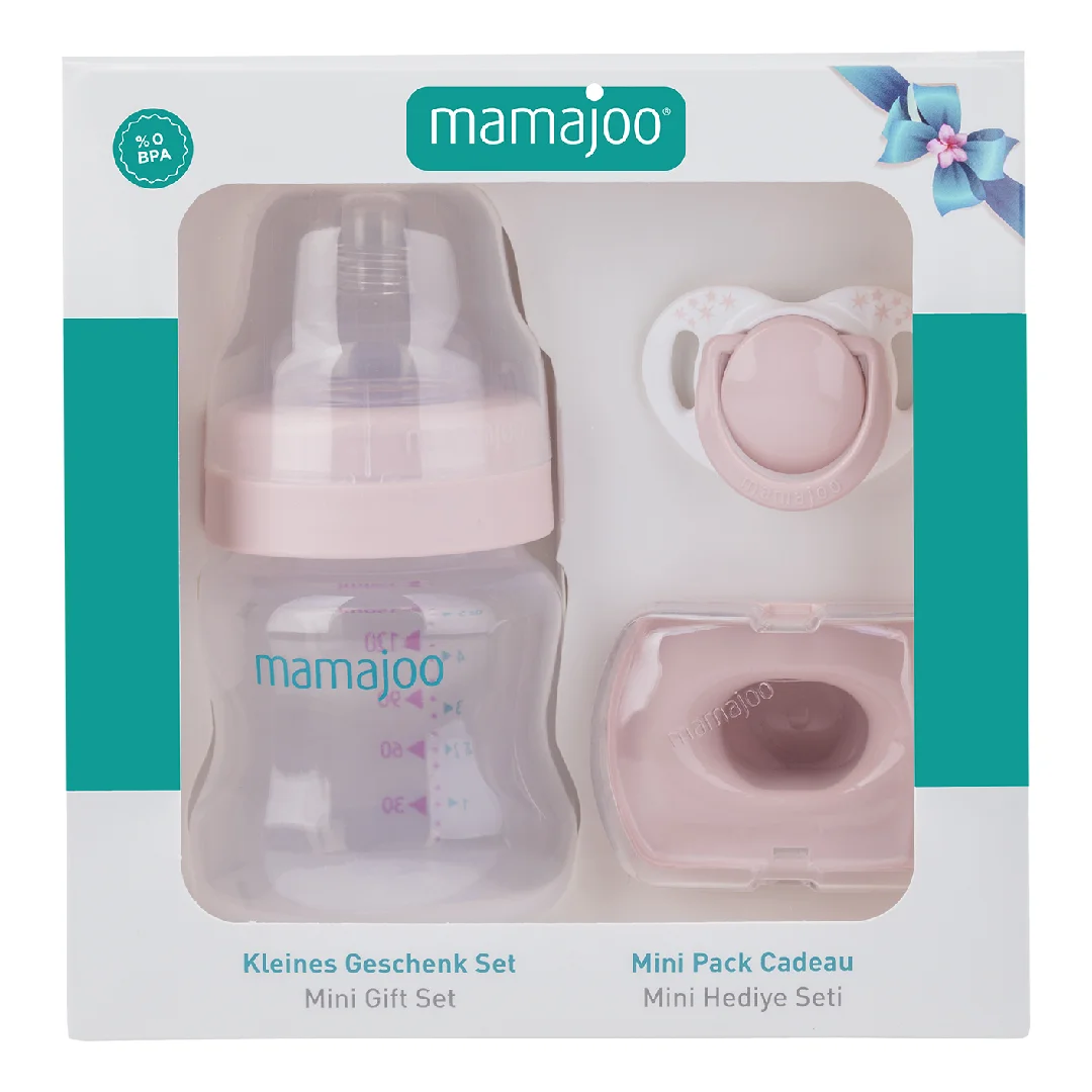 Set roz pudrat, biberon*150ml, suzeta si cutie de depozitare, Mamajoo