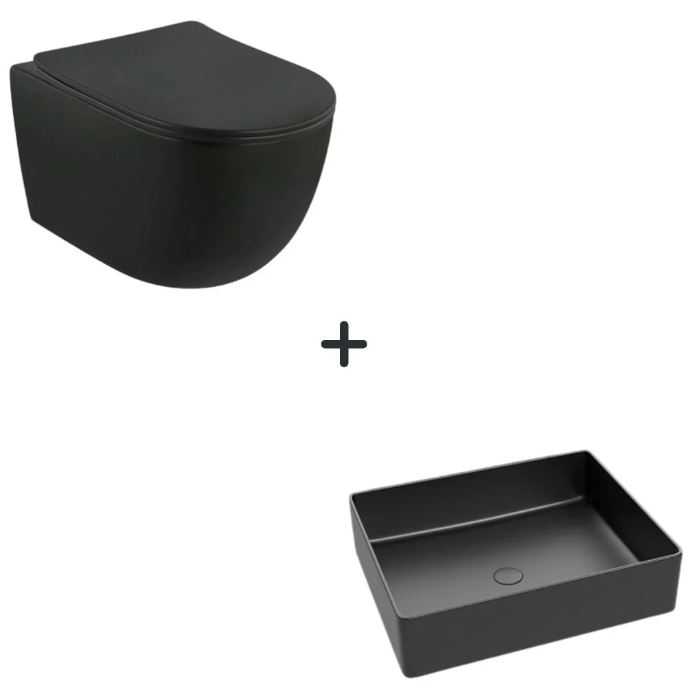 Set vas wc cu capac soft close Oslo plus lavoar baie dreptunghiular negru mat