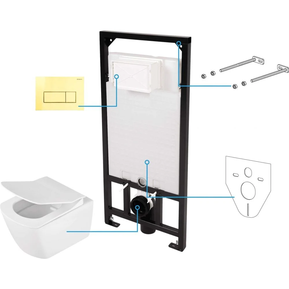 Set vas wc cu capac soft close, rezervor incastrat, clapeta de actionare aurie si izolare fonica Deante Anemon