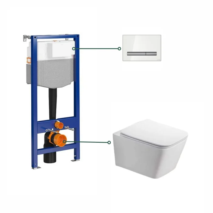 Set vas wc dreptunghiular cu capac softclose inclus, alb lucios, Foglia Safari, rezervor incastrat si clapeta de actionare, alba, Cersanit