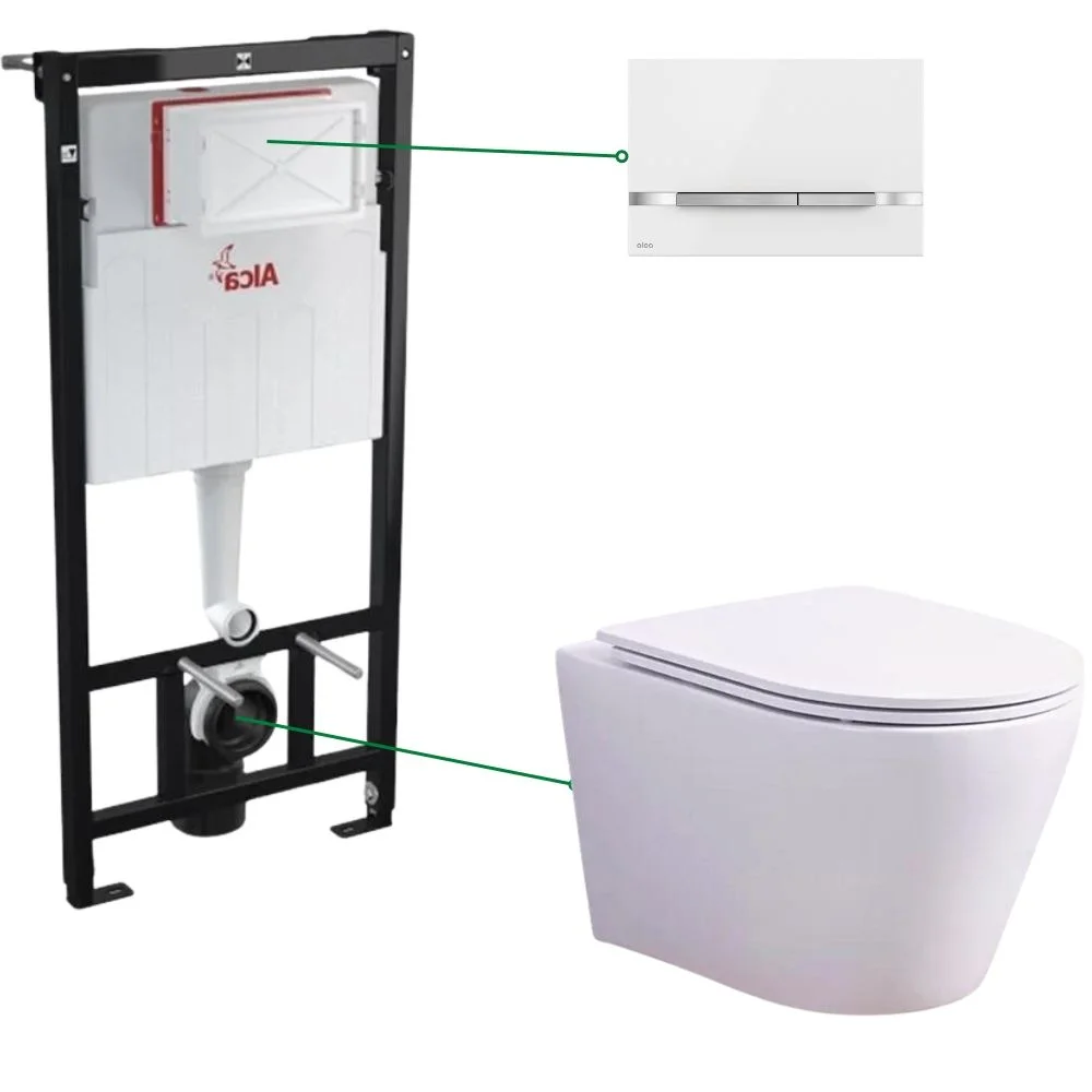 Set vas wc rimless alb cu capac soft close Oslo Foglia, rezervor incastrat si clapeta otel inoxidabil alba