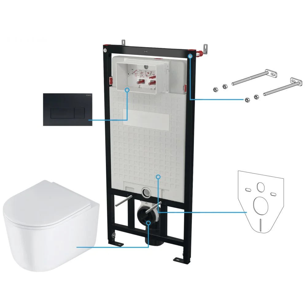 Set vas wc rimless cu capac soft close, rezervor incastrat, clapeta de actionare neagra si izolare fonica Deante Jasmin