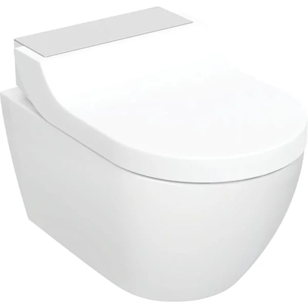 Set vas WC rimless cu functie de bideu si capac soft close, ornament otel inoxidabil lustruit, Geberit AquaClean Tuma Comfort