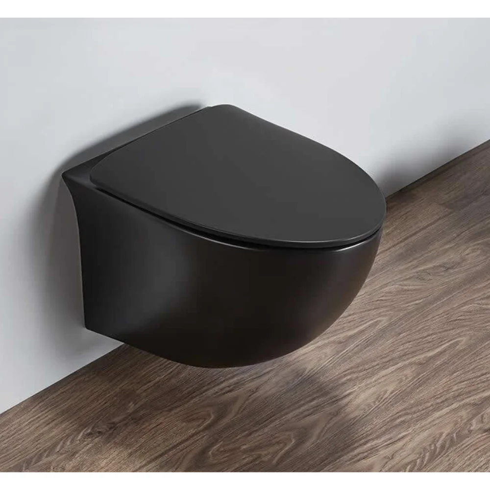 Set vas wc rimless suspendat negru mat, asimetric, cu capac softclose, Foglia Alice