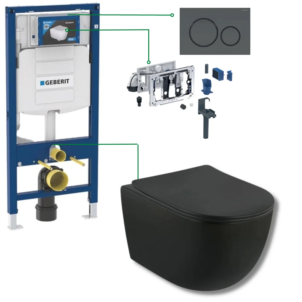 Set vas wc rimless suspendat negru mat Fluminia cu rezervor incastrat, modul DuoFresh si clapeta neagra Geberit