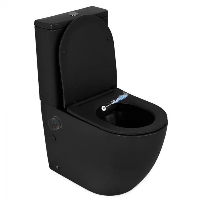 Set vas wc stativ cu functie de bideu, rezervor si capac soft close, negru mat, Foglia Eco