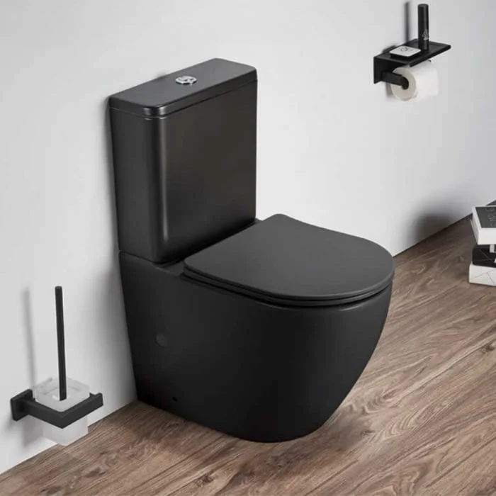 Set vas wc stativ rimless negru mat Foglia Oslo cu rezervor si capac soft close inclus