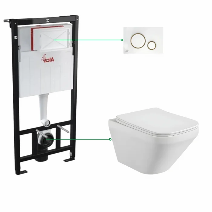 Set vas wc suspendat cu capac soft close Bristol, clapeta alb cu auriu, rezervor wc incastrat Alcaplast, Sadromodul