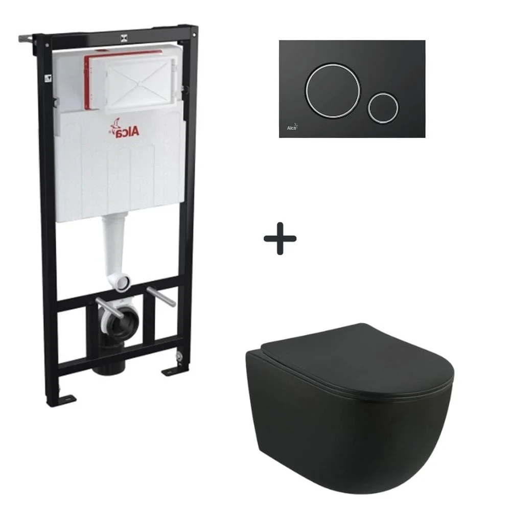 Set vas wc suspendat cu capac soft close Oslo, rezervor incastrat si clapeta neagra Alcaplast