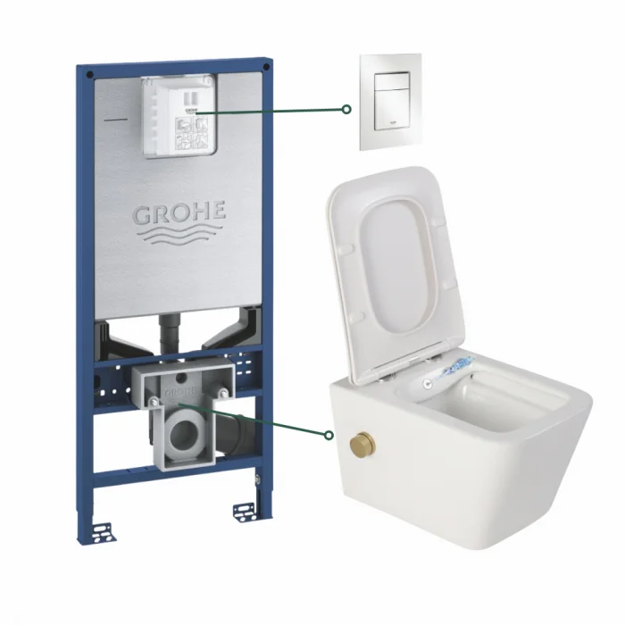 Set vas wc suspendat cu functie bideu alb si baterie inclusa auriu mat Foglia Safari, rezervor wc incastrat si clapeta alb alpin, Grohe